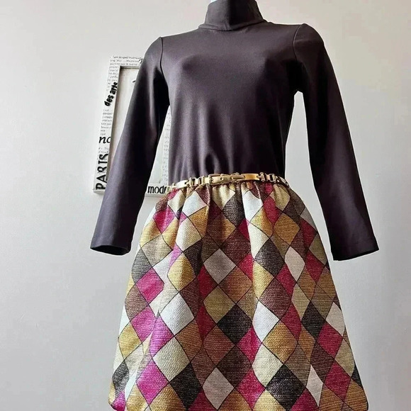 NWT Y2K Alice + Olivia Chocolate Brown Checkered Turtleneck Mini Dress M - Picture 3 of 13